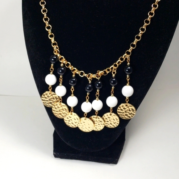 Gold Hammered Disc Charm Necklace w/ Black & White Beads – 22" Statement Jewelry - Picture 10 of 11